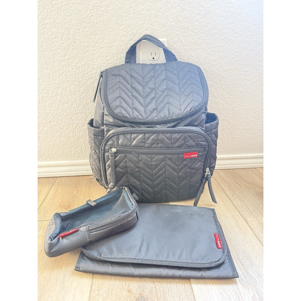 Skip Hop Quilted Chevron Diaper Bag Backpack Black/Blue Zipper Pockets